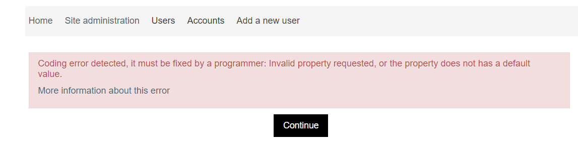 Ошибка new user. Ошибка входа в мудл.