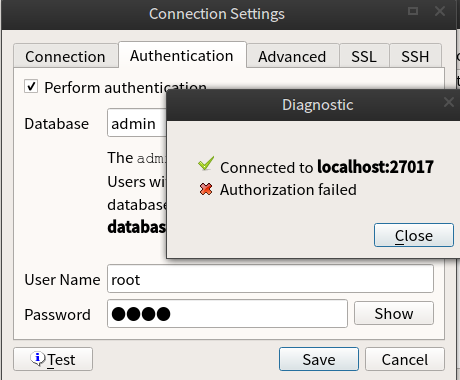 Connection authentication failed