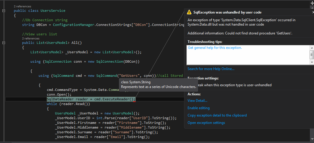 Public exception. Типы исключений c#. SQLCONNECTION C# пример. System data SQLCLIENT SQLEXCEPTION недопустимое имя объекта. Connection String c#.