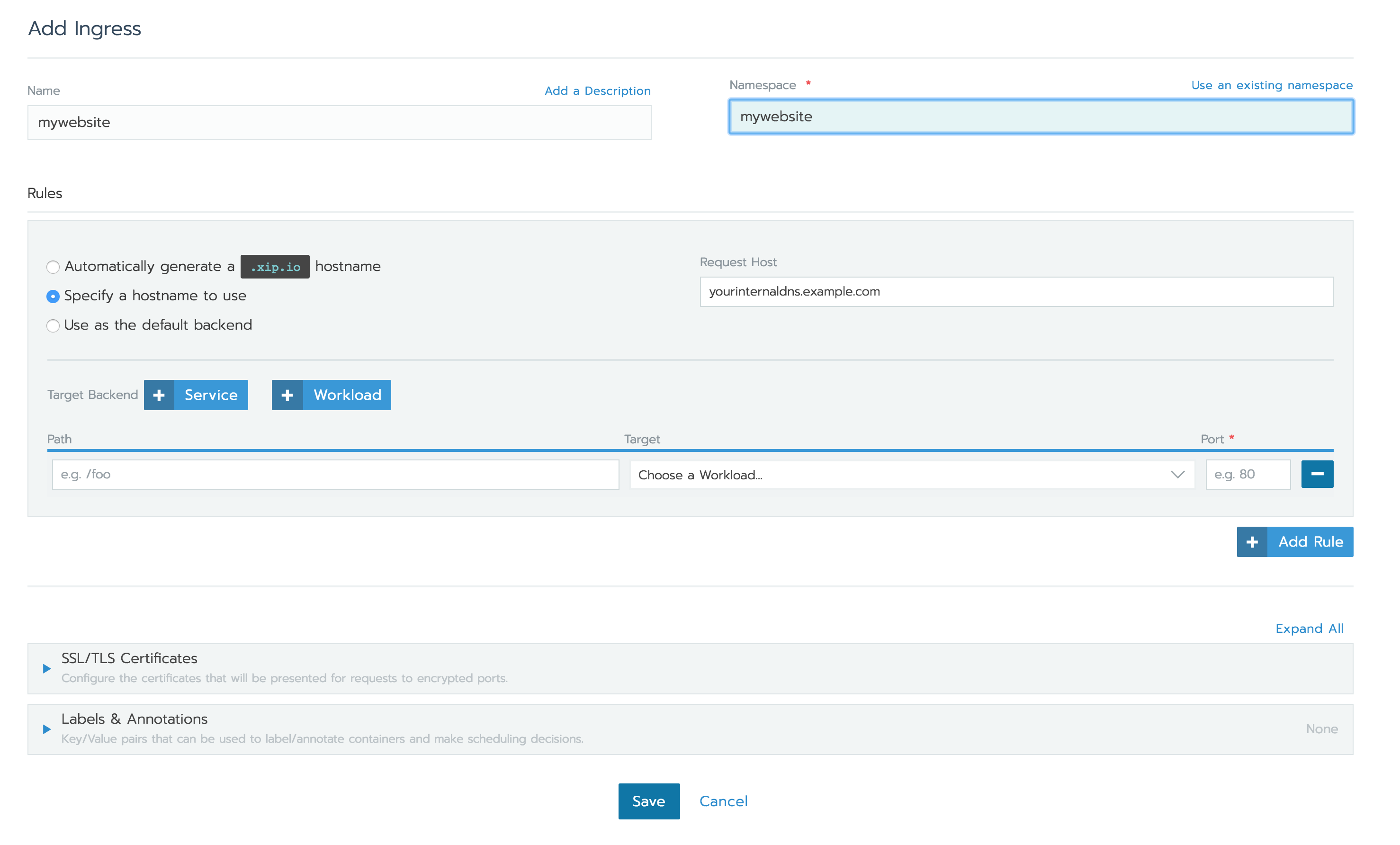 Default backend. Rancher2 load Balancer.